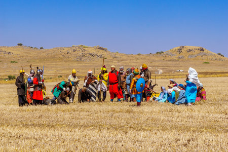 Lavi, Israel - July 02, 2021: Re-enactment of the 1187 Battle of the Horns of Hattin (Ayyubid sultan Saladin defeated the crusaders): Muslim (Ayyubid) victory. Horns of Hattin, Israelのeditorial素材