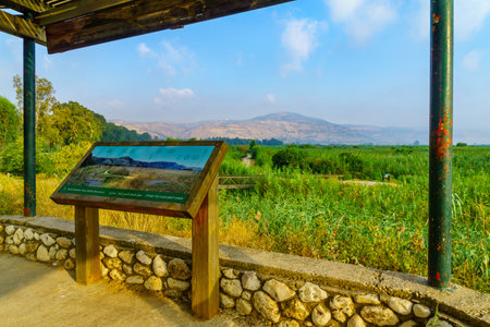 Hula, Israel - July 16, 2021: View of an observation point with explanation signs, in the Hula...