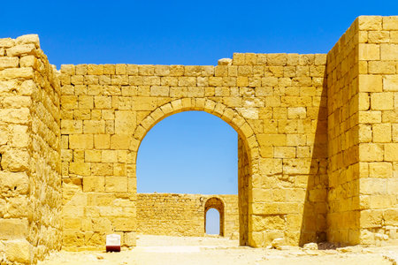 Avdat, Israel - August 12, 2021: View of the ruined Fortress Gate in the ancient Nabataean city of Avdat, now a national Park, in the Negev Desert, Southern Israelのeditorial素材