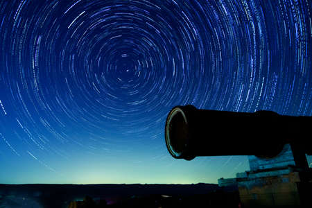 View of an old quarry and star trails in the Negev Desert, Southern Israel