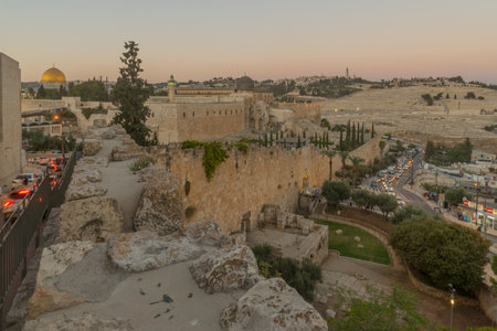 Jerusalem, Israel - August 29, 2021: Sunset view from the old city walls towards the temple mount and mount of olives, in Jerusalem, Israelのeditorial素材