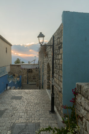 Safed, Israel - September 28, 2021: Sunset view of an alley in the Jewish quarter, the old city of Safed (Tzfat), Israelのeditorial素材