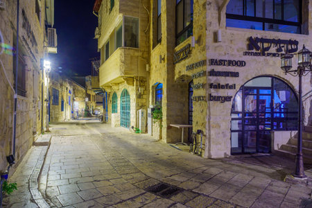 Safed, Israel - September 28, 2021: Evening view of an alley in the Jewish quarter, the old city of Safed (Tzfat), Israelのeditorial素材