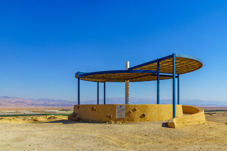 Hatzeva, Israel â October 24, 2021: View of the Peace Lookout (Mitzpor HaShalom) and landscape of the Arava Stream (Nahal Arava) and the Edom Mountains (Jordan), Southern Israelのeditorial素材