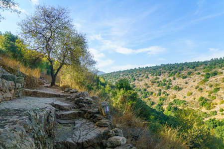 Footpath with mountains and valleys landscape in the Amud Stream Nature Reserve, Upper Galilee, Northern Israelの写真素材