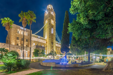 Jerusalem, Israel - December 28, 2021: View of the historic YMCA compound, with Christmas tree and Christmas lights. Jerusalem, Israelのeditorial素材