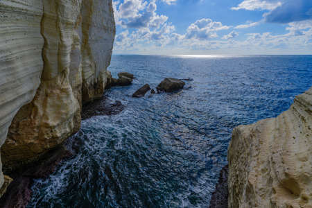 View of the cliffs of Rosh HaNikra, in the Western Galilee coast of the Mediterranean Sea, Northern...