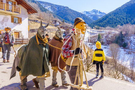 Valfloriana, Italy - February 26, 2022: Carnival participant reenacting local events, in the...