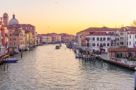 Venice, Italy - March 02, 2022: Sunrise view of the Grand Canal, in Venice, Veneto, Northern Italyのeditorial素材