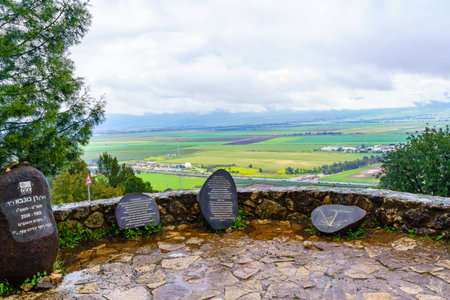 Ramon Naftali, Israel - March 24, 2022: View of the Ran Observation Point, and the landscape of the Hula Valley, on a foggy winter day. Northern Israelのeditorial素材