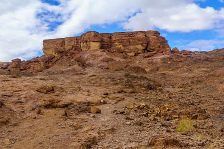 Winter view of Rock formation and the Arava desert valley landscape near the Shkhoret Canyon,...