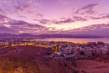 Winter sunrise view of Eilat (southern Israel), Aqaba (Jordan) and the Gulf of Aqaba