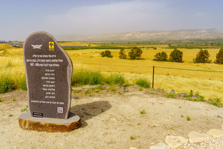 Beit Yosef, Israel - April 25, 2022: View of the Tel Ishmael observation point and Golani Memorial,...