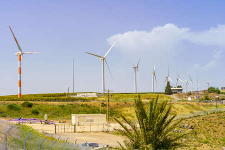 View of wind turbine in the Sirin Heights, Lower Jordan Valley, Northern Israelの写真素材