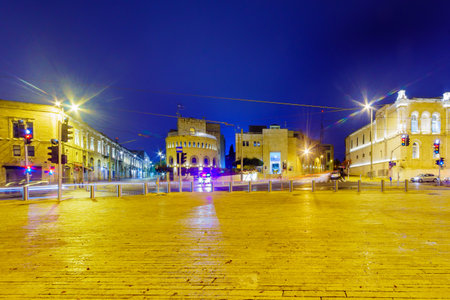 Jerusalem, Israel - November 19, 2021: Night view of the Tzahal square and Jaffa Street, in Jerusalem, Israelのeditorial素材