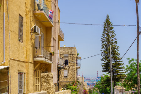 Haifa, Israel - May 13, 2022: View of old buildings, and the harbor, in Hadar HaCarmel Neighborhood, Haifa, Israelのeditorial素材