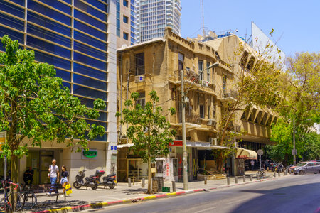 Tel-Aviv, Israel - May 26, 2022: Scene of the Yehuda ha-Levi Street, with various buildings, locals, and visitors, in Tel-Aviv, Israelのeditorial素材