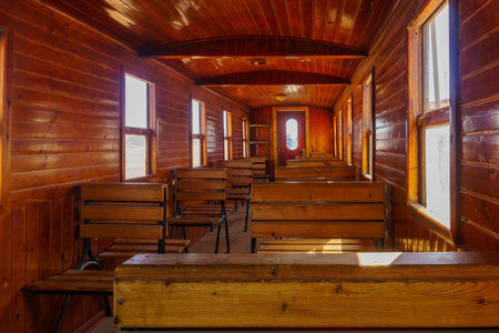 Wadi Rum, Jordan - October 22, 2021: View of restored Ottoman train car, in Wadi Rum station of the Al Hijaz Steam Train, Southern Jordanのeditorial素材