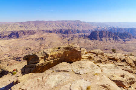 View of desert mountain landscape, near Petra, in Southern Jordanの写真素材