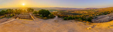 Panoramic sunset view of the ancient ruins, and Roman Theater, with Netofa valley landscape and countryside, in Tzipori National Park, Northern Israelの写真素材