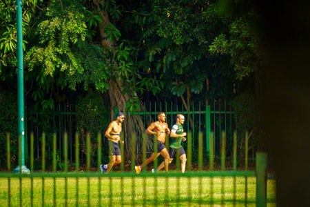 Tel-Aviv, Israel - June 17, 2022: View of joggers, in the Yarkon Park, Tel-Aviv, Israelのeditorial素材