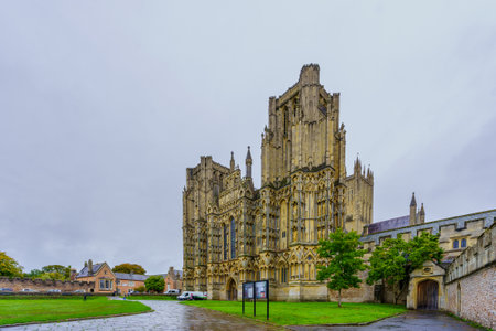 Wells, UK - October 14, 2022: View of the Cathedral building, in Wells, Somerset, England, UKのeditorial素材