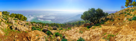 Panoramic landscape of the Hula Valley (upper Jordan River valley), from Keren Naftali (Upper Galilee), Northern Israelの写真素材