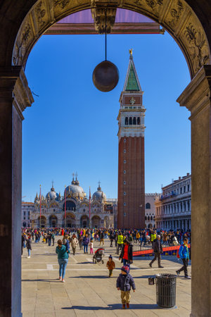 Venice, Italy - February 28, 2022: Scene of St. Marks Square, with locals and visitors, in Venice, Veneto, Northern Italyのeditorial素材