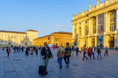 Turin, Italy - February 25, 2022: View of the Piazza Castello square, with locals and visitors, in Turin, Piedmont, Northern Italyのeditorial素材