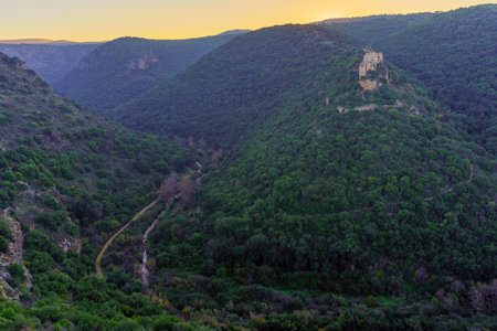 Sunrise view of the Crusader Montfort Castle and the Kziv stream valley, in the Upper Galilee, Northern Israelのeditorial素材