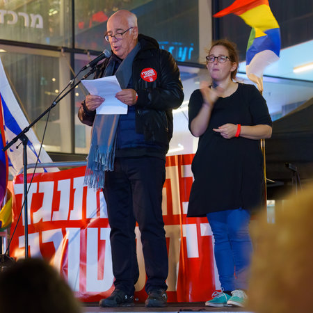 Haifa, Israel - March 18, 2023: Activist Amani Haidar Jazar speak to the crowd during a protest demonstration in Haifa, Israelのeditorial素材