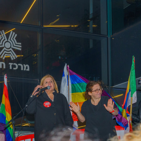 Haifa, Israel - March 18, 2023: Politician Orna Barbivai speak to the crowd during a protest demonstration in Haifa, Israelのeditorial素材