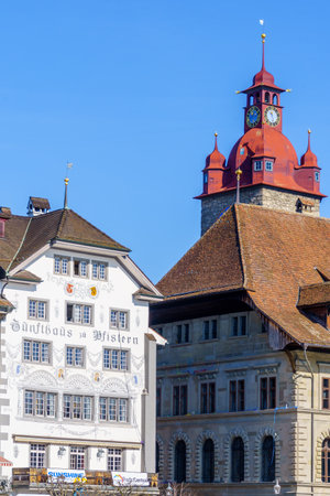 Lucerne, Switzerland - February 21, 2023: View of various old buildings, in Lucerne (Luzern), Switzerlandのeditorial素材