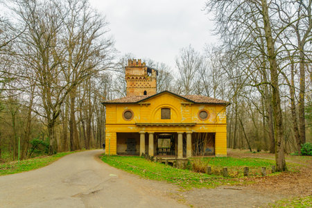 Monza, Italy - February 24, 2023: View of the Cascina Cattabrega building in the Monza Park, on a winter day. Monza, Lombardy, Northern Italyのeditorial素材
