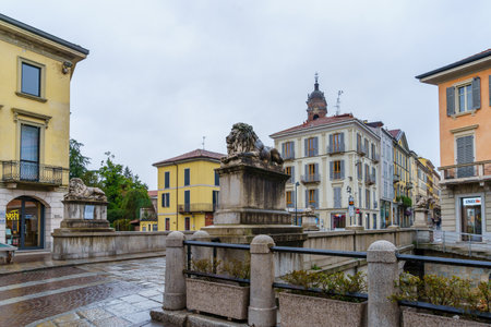 Monza, Italy - February 26, 2023: View of the Ponte dei Leoni (Lion bridge), with locals and visitors, in Monza, Lombardy, Northern Italyのeditorial素材