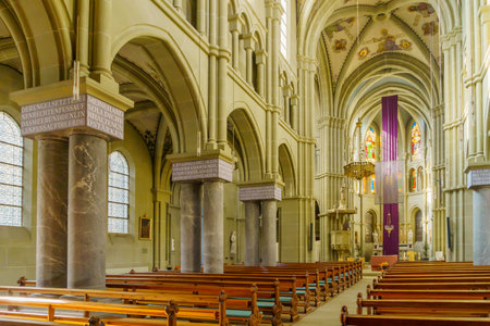 Bern, Switzerland - February 23, 2023: Interior view of the Church of St. Peter and St. Paul, in Bern, Switzerlandのeditorial素材