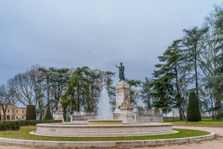 Mantua, Italy - February 27, 2023: View of the Monument to Virgilio, in Piazza Virgiliana Park, in Mantua (Mantova), Lombardy, Northern Italyのeditorial素材