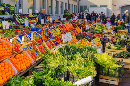 Monza, Italy - February 25, 2023: Farmer Market scene with locals and visitors, in Monza, Lombardy, Northern Italyのeditorial素材