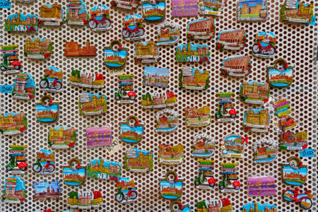 Mantua, Italy - February 28, 2023: Various memorial magnets on sale, in Mantua (Mantova), Lombardy, Northern Italyのeditorial素材