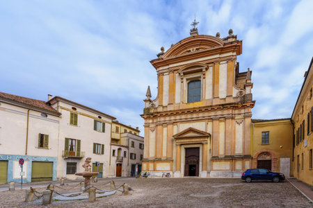 Mantua, Italy - February 27, 2023: View of the Church of St. Barnabas (Chiesa di San Barnaba apostolo), in Mantua (Mantova), Lombardy, Northern Italyのeditorial素材