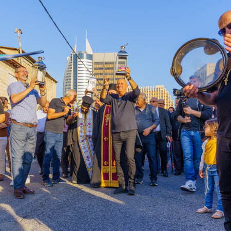 Haifa, Israel - April 15, 2023: Scene of a Holy Saturday parade, part of Orthodox Easter celebration...