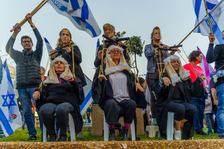 Haifa, Israel - April 22, 2023: Protest display portraying the supreme court judges as puppets, part of a protest march, in Haifa, Israelのeditorial素材