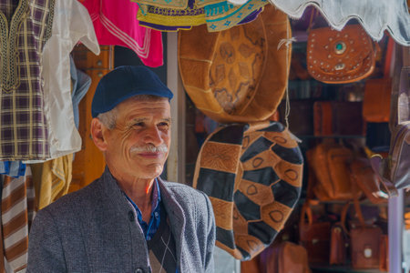 Casablanca, Morocco - March 29, 2023: View of a seller and his shop, in the market of the Old Medina of Casablanca, Moroccoのeditorial素材