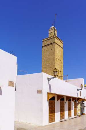 Rabat, Morocco - March 30, 2023: View of typical houses, in the Kasbah of the Udayas, with Al Kasbah Mosque minaret, in Rabat, Moroccoのeditorial素材