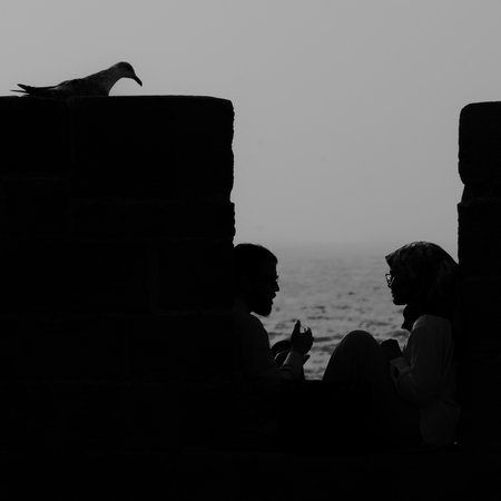 Essaouira, Morocco - April 06, 2023: Silhouette of locals and a seagull, on the walls of the medina, in Essaouira (Mogador), Moroccoのeditorial素材