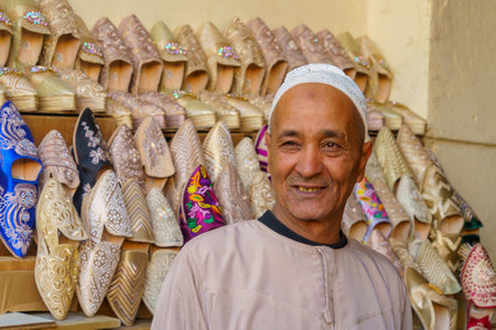 Meknes, Morocco - March 30, 2023: View of a seller and his shop, in the market of Meknes, Moroccoのeditorial素材