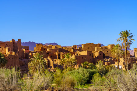 View of old mud houses and palm trees, in Tinghir, Todgha (Todra) river valley, central Moroccoの写真素材