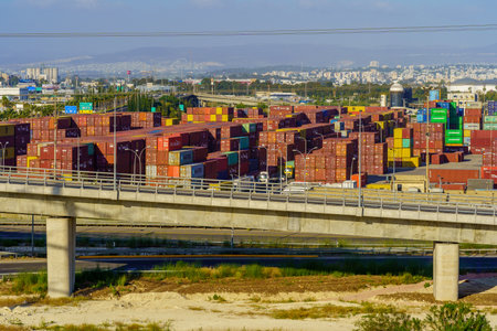 Haifa, Israel - May 06, 2023: View of shipping containers storage area, in Haifa Bay industrial area, Israelのeditorial素材