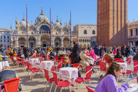 Venice, Italy - March 01, 2022: Scene of St. Marks Square, with locals and visitors, in Venice, Veneto, Northern Italyのeditorial素材