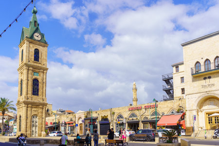 Tel-Aviv, Israel - May 21, 2023: View of the Clock Tower square, with locals and visitors, in old Jaffa, now part of Tel-Aviv-Yafo, Israelのeditorial素材